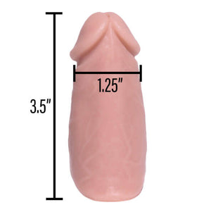 Measurements of 3.5" tall and 1.25" wide of the 001 skin tone of the PeenPocket pleasure sleeve for transgender men.