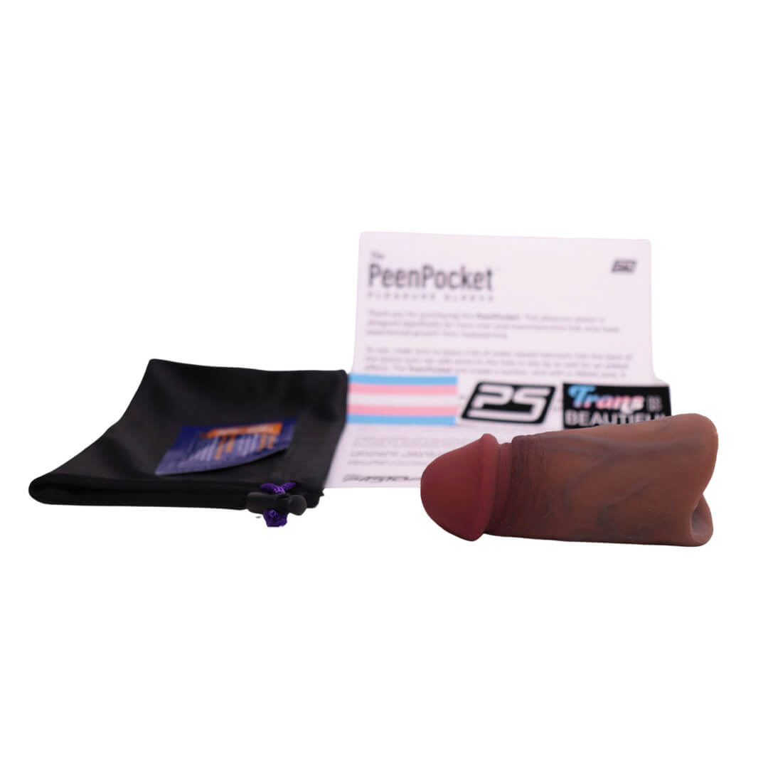 Left side of the 003 Painted PeenPocket pleasure sleeve for trans men and non-binary folk with packaging.